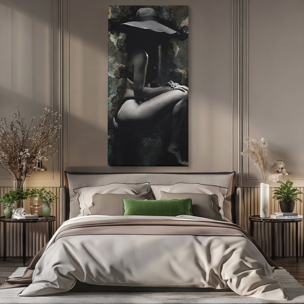 Tablou canvas cu tablou canvas cu silueta feminina, fara rama, pe sasiu de lemn, pe perete intr-un dormitor